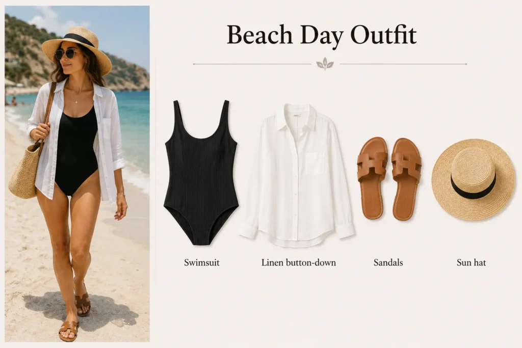 Beach day outfit with swimsuit, linen shirt, sandals, and sun hat.