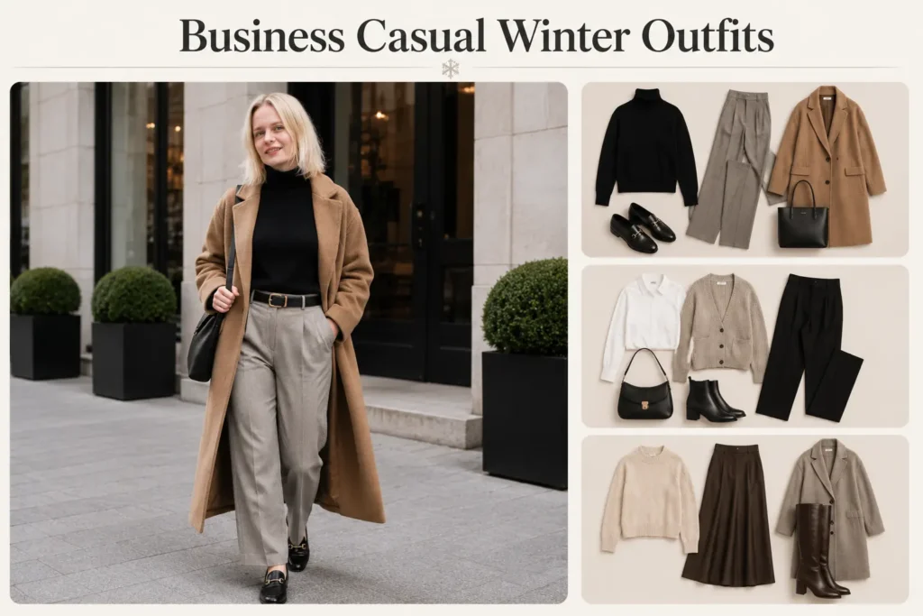 Business casual winter outfit with coat and tailored trousers