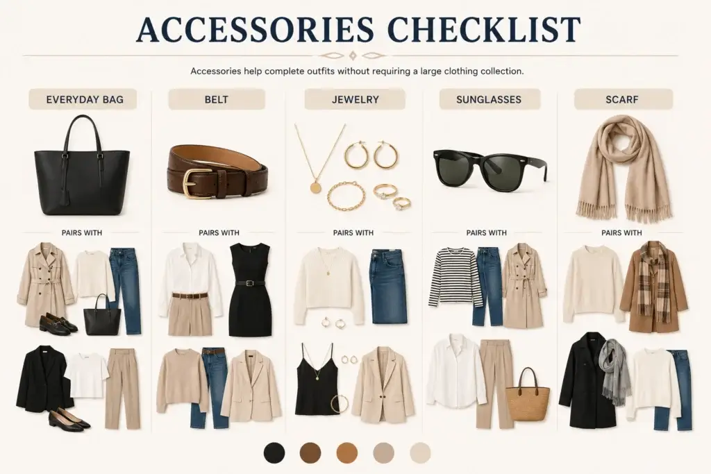 Capsule wardrobe accessories checklist with bag, belt, jewelry, sunglasses, and scarf