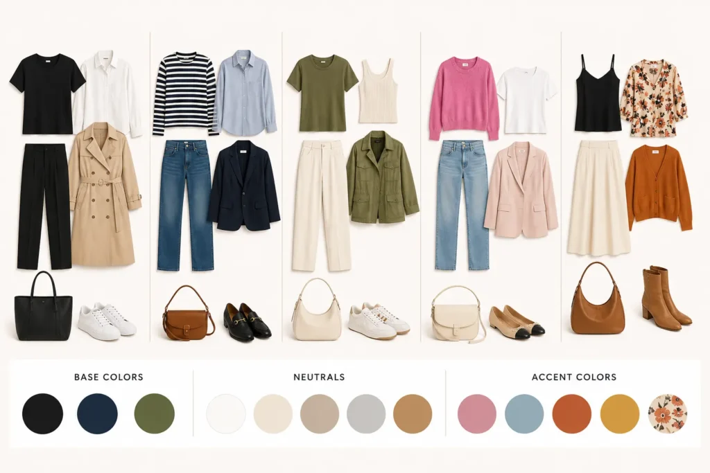 Capsule wardrobe color palette showing coordinating base colors, neutrals and accent colors