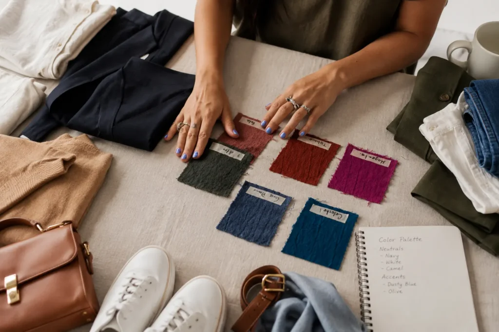 Neutral capsule wardrobe color palette with fabric swatches and coordinated clothing in black, white, navy, grey, brown, camel, cream, and olive.