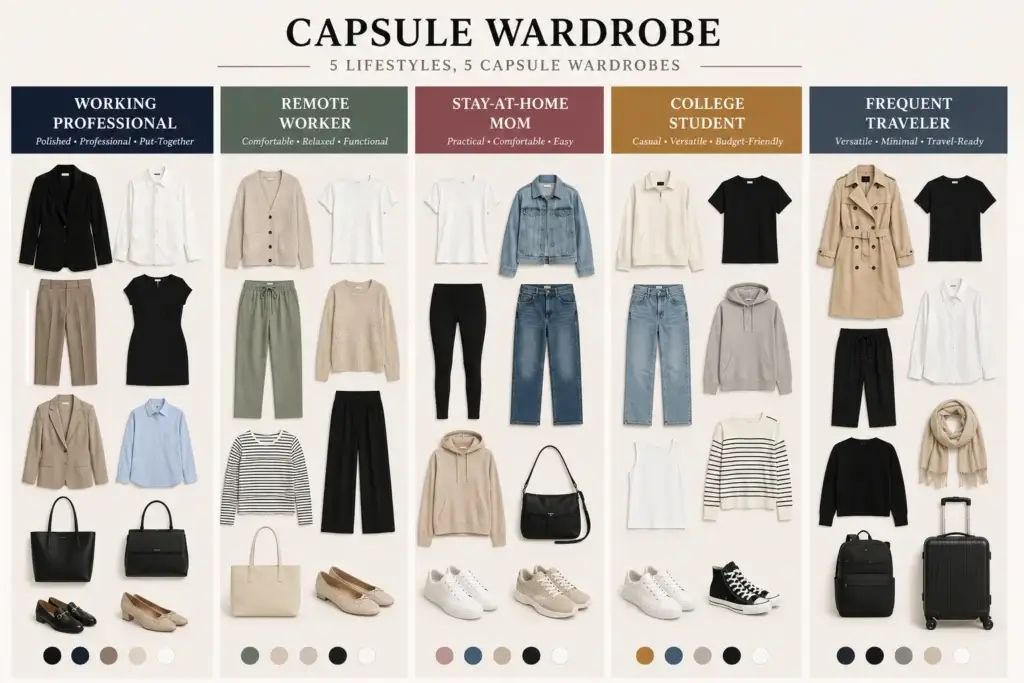 Capsule wardrobe examples for different women's lifestyles, including working professionals, remote workers, stay-at-home moms, college students, and frequent travelers.