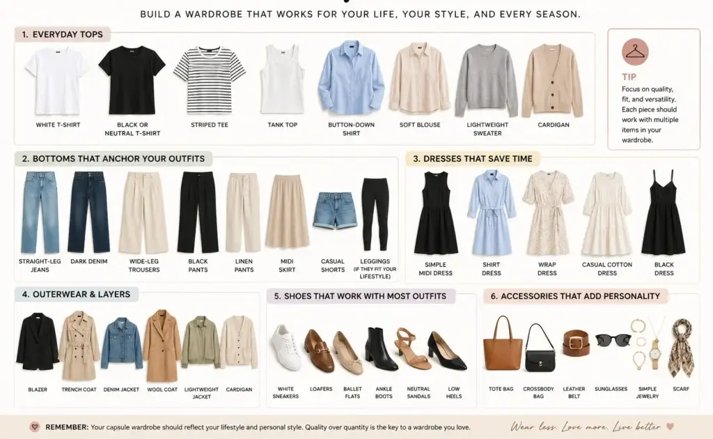 Capsule wardrobe essentials for women featuring tops, bottoms, dresses, outerwear, shoes, and accessories organized in a minimalist wardrobe guide.