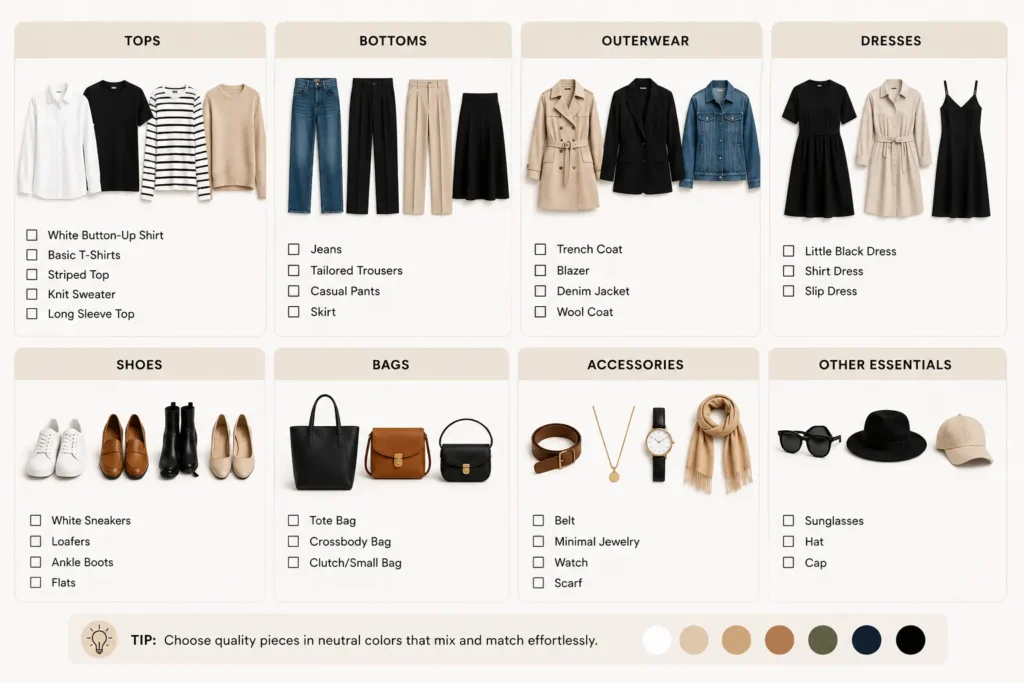 Capsule wardrobe essentials checklist featuring tops, bottoms, outerwear, shoes, bags, and accessories