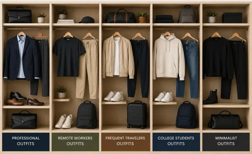 Men's capsule wardrobe organized by lifestyle featuring professional outfits, remote worker outfits, frequent traveler outfits, college student outfits, and minimalist outfits displayed inside a light wood wardrobe
