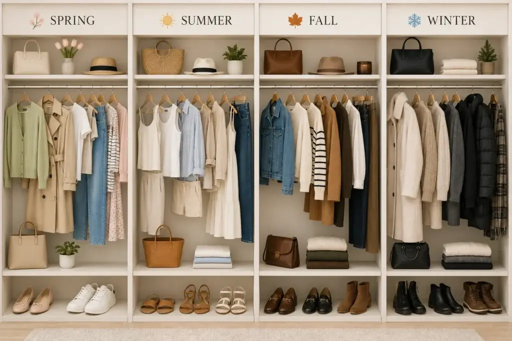 Seasonal capsule wardrobe outfit ideas for spring, summer, fall and winter with clothing essentials and color palettes