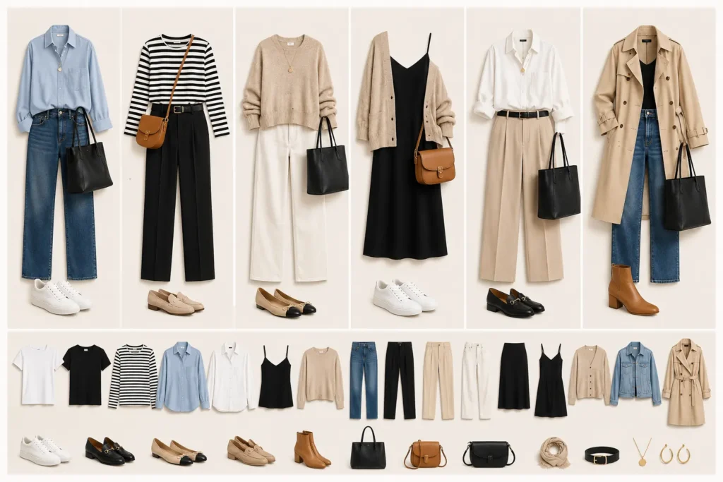 Multiple capsule wardrobe outfit ideas created by mixing and matching the same versatile clothing pieces