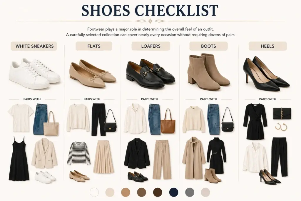 Capsule wardrobe shoes checklist with white sneakers, flats, loafers, boots, and heels