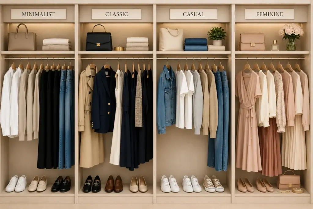 Women's capsule wardrobe styles featuring minimalist, classic, casual and feminine clothing collections organized inside a modern wardrobe closet
