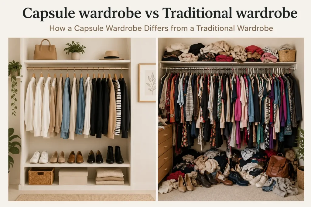 Comparison of a capsule wardrobe and a traditional wardrobe showing organized clothing versus closet clutter