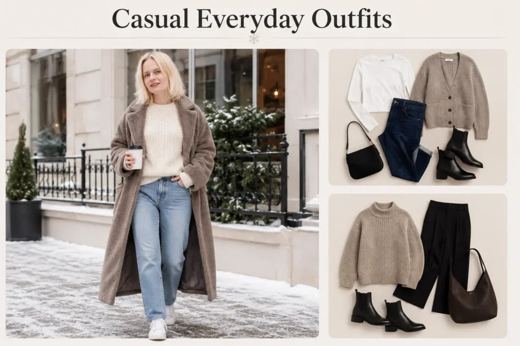 Casual winter outfit with sweater, jeans, and sneakers