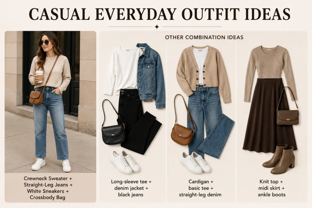 Casual fall outfit ideas featuring sweaters, jeans, sneakers, cardigans, and denim jackets
