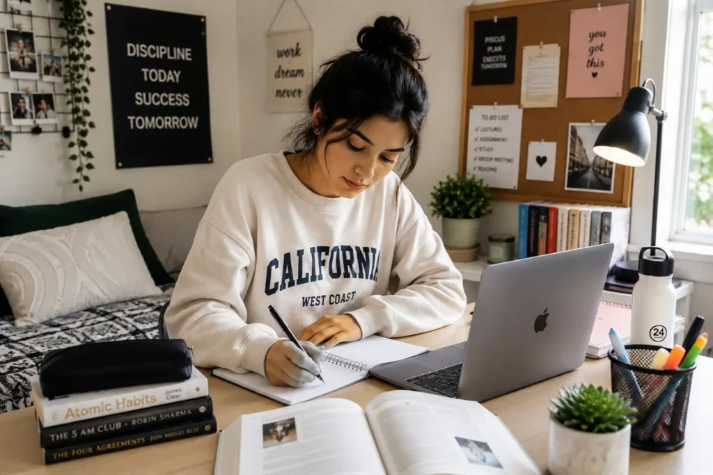 College student studying at a desk with a laptop, books, and notes in a dorm room
