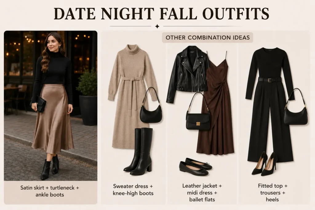 Elegant date night fall outfit ideas featuring satin skirts, turtlenecks, dresses, and ankle boots