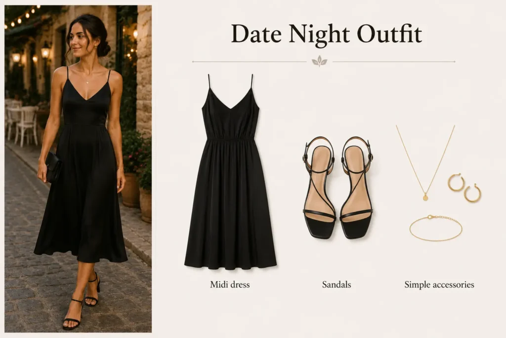 Date night outfit with midi dress, sandals, and simple accessories.