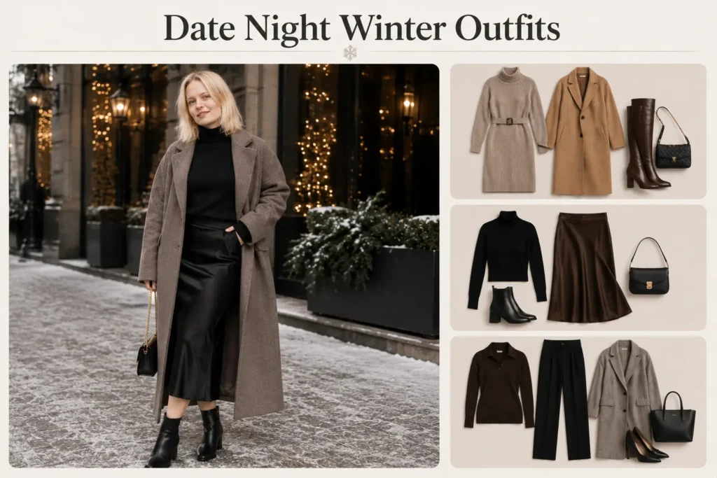 Elegant winter date night outfit with coat and boots