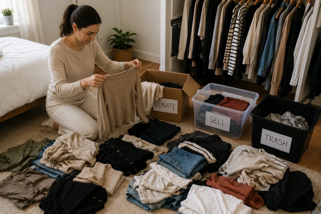 Person sorting unwanted clothes into separate piles while decluttering a wardrobe and creating a capsule wardrobe in a bedroom.
