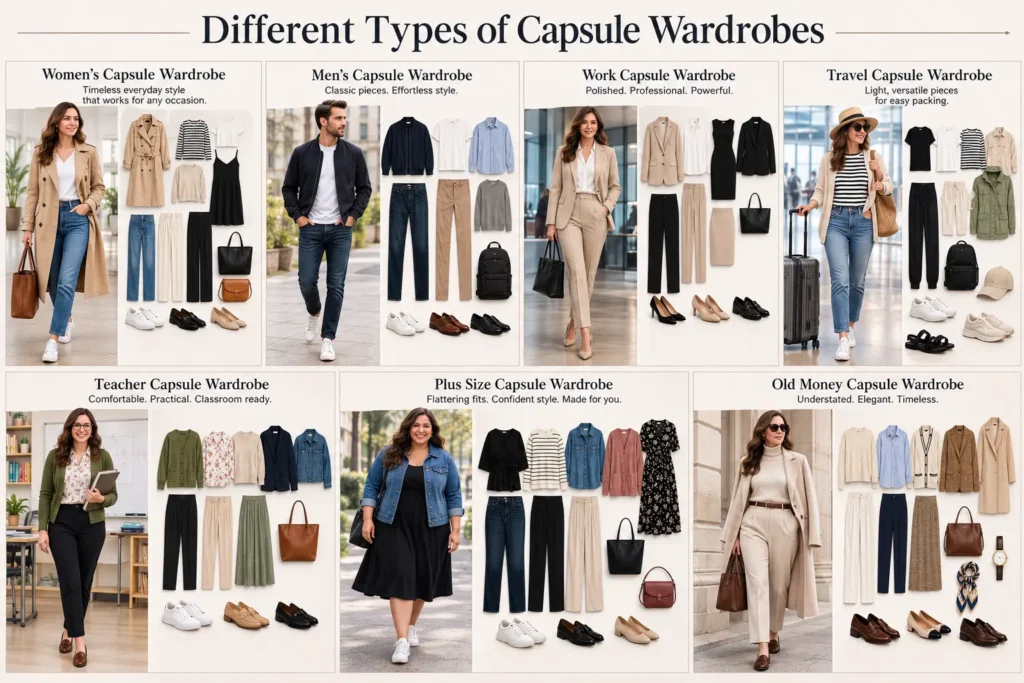 Different types of capsule wardrobes for women, men, work, travel, teachers, plus-size style and old money style