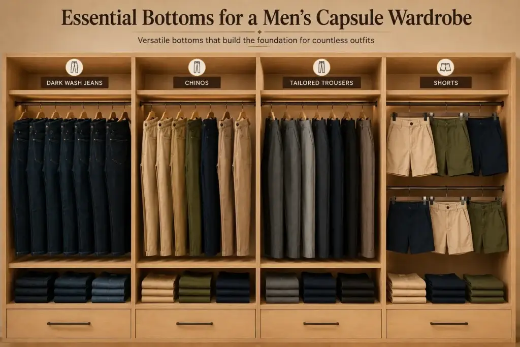 Light brown capsule wardrobe displaying men's essential bottoms including dark wash jeans, chinos, tailored trousers, and shorts neatly arranged on hangers and shelves inside a modern wardrobe