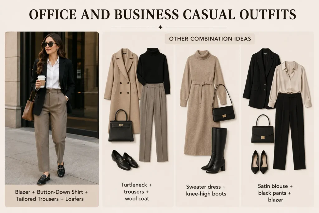 Office and business casual fall outfits featuring blazers, trousers, button-down shirts, and loafers