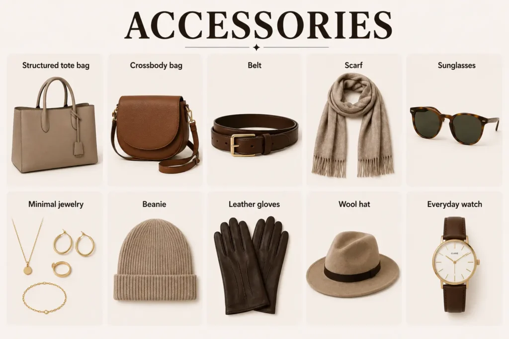 Essential fall accessories including tote bags, scarves, belts, sunglasses, jewelry, and watches