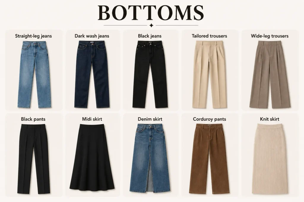 Fall capsule wardrobe bottoms including jeans, trousers, skirts, and corduroy pants