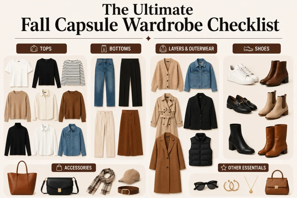 Fall capsule wardrobe checklist featuring tops, bottoms, outerwear, shoes, dresses, and accessories