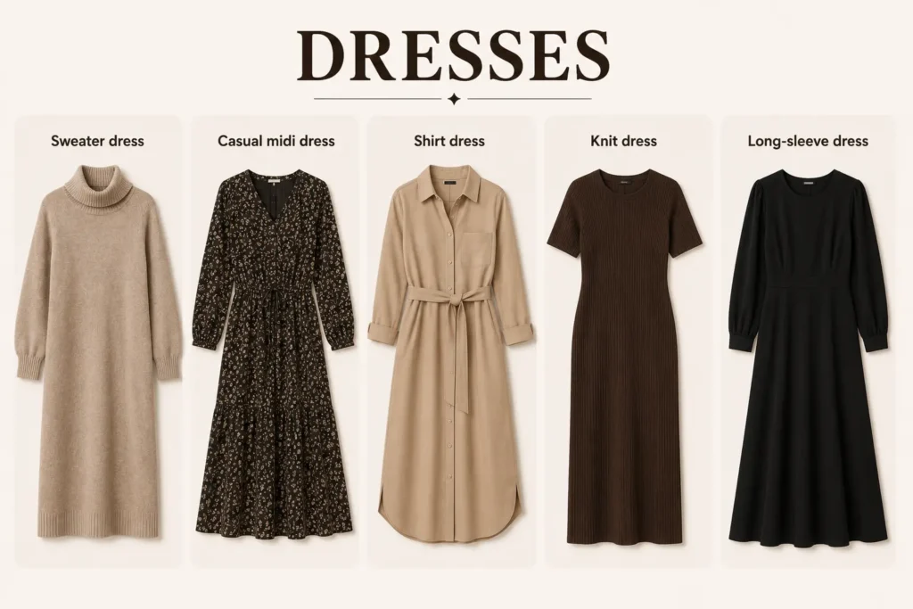 Fall dresses including sweater dresses, shirt dresses, knit dresses, and midi dresses