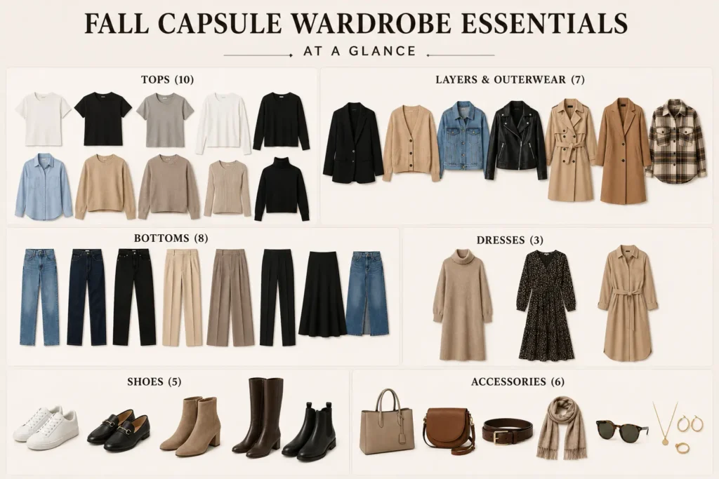 Complete fall capsule wardrobe essentials overview with clothing, shoes, and accessories