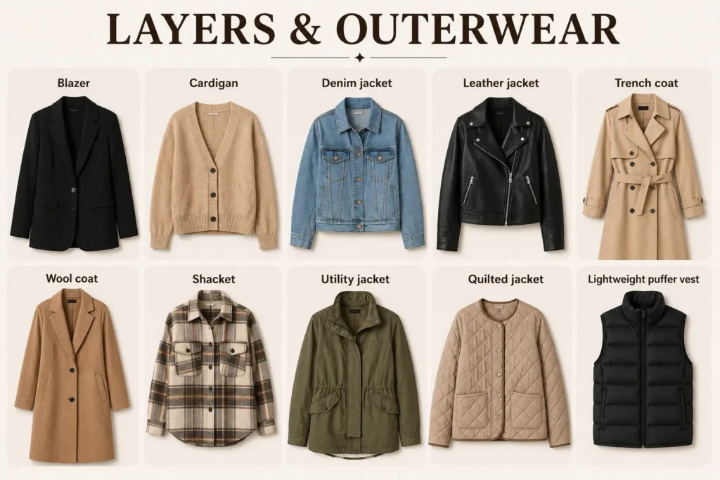 Fall outerwear essentials including blazers, cardigans, trench coats, leather jackets, and wool coats
