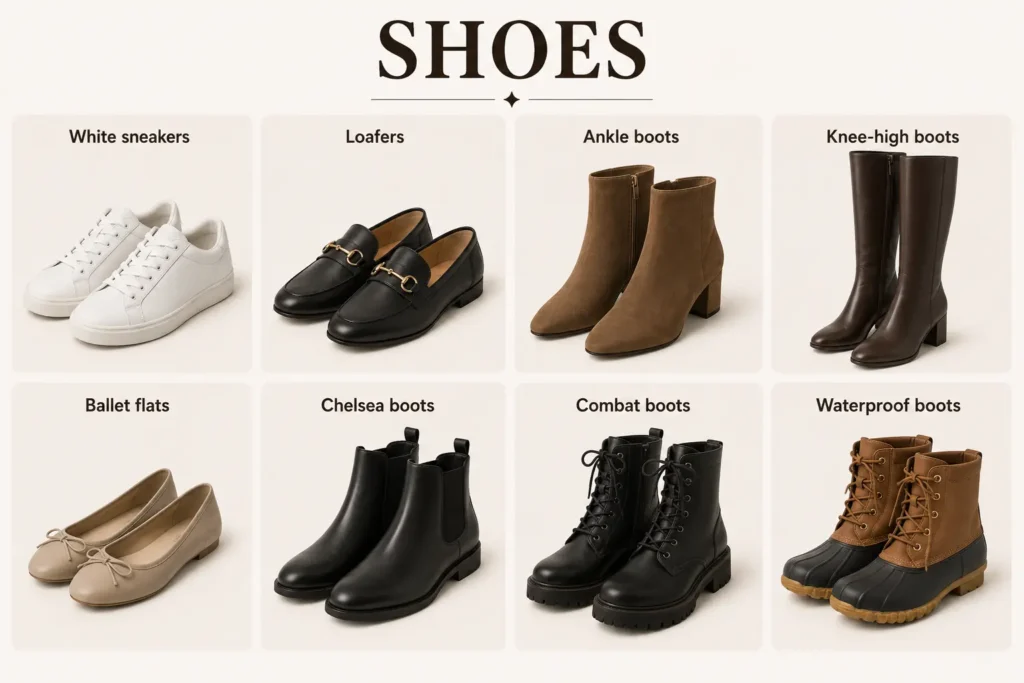 Fall capsule wardrobe shoes including sneakers, loafers, ankle boots, Chelsea boots, and knee-high boots
