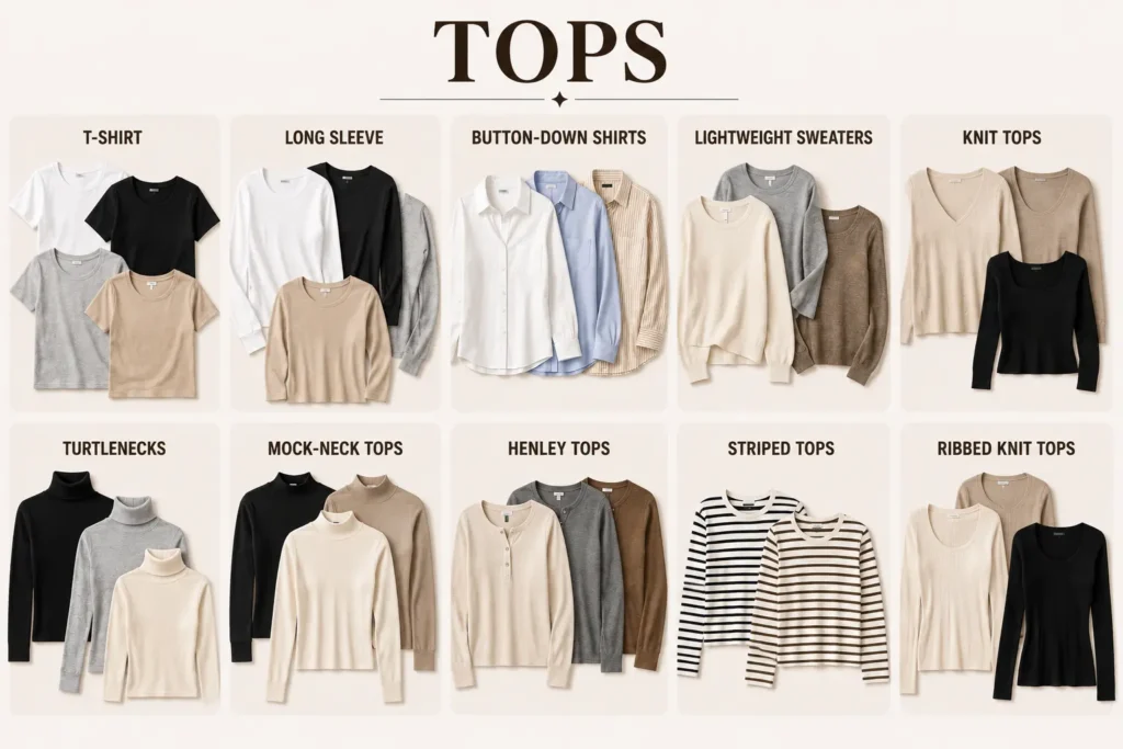 Essential tops for a fall capsule wardrobe including t-shirts, sweaters, button-down shirts, and turtlenecks
