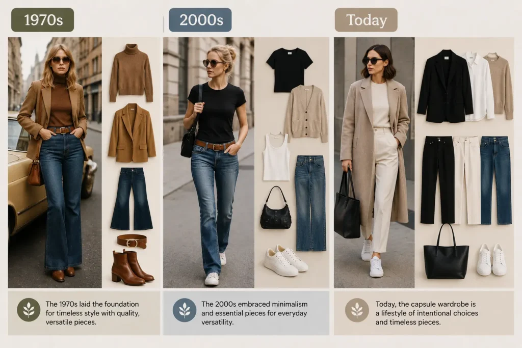 Timeline showing capsule wardrobe evolution from the 1970s to the 2000s and modern capsule wardrobe styles today