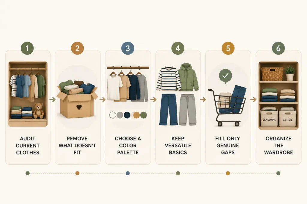 Step-by-step infographic showing how to build a kids capsule wardrobe by sorting clothes, choosing colors, keeping basics, and organizing the closet.