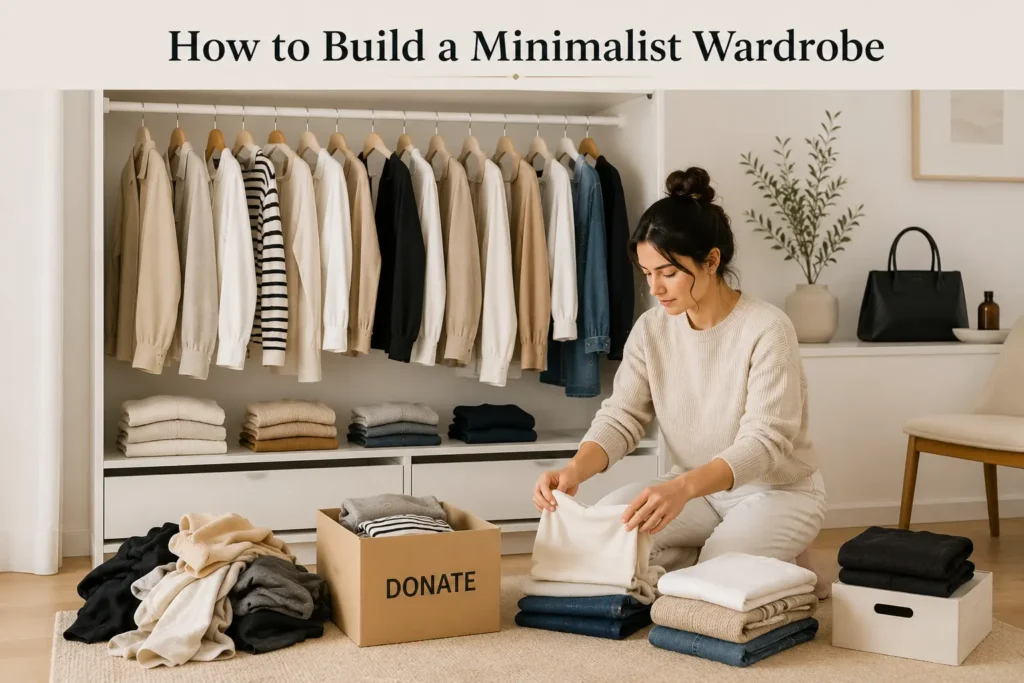 Woman organizing a minimalist wardrobe