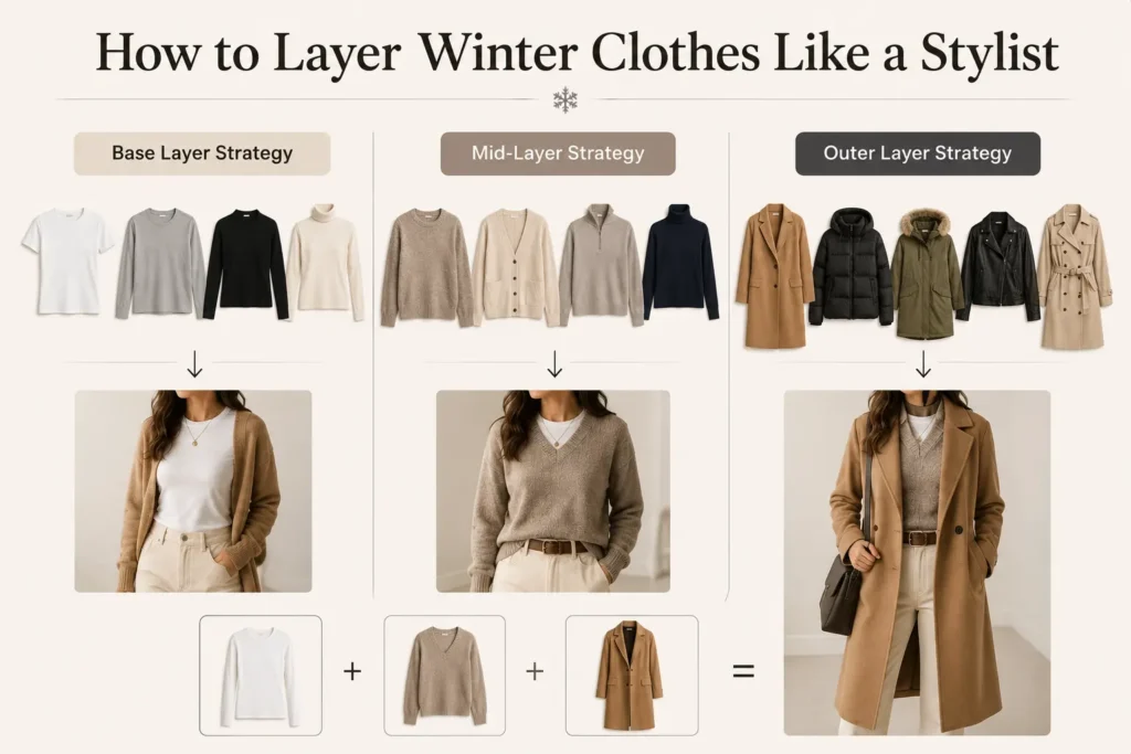 Winter clothing layering guide showing base layer, mid-layer, and outer layer strategy