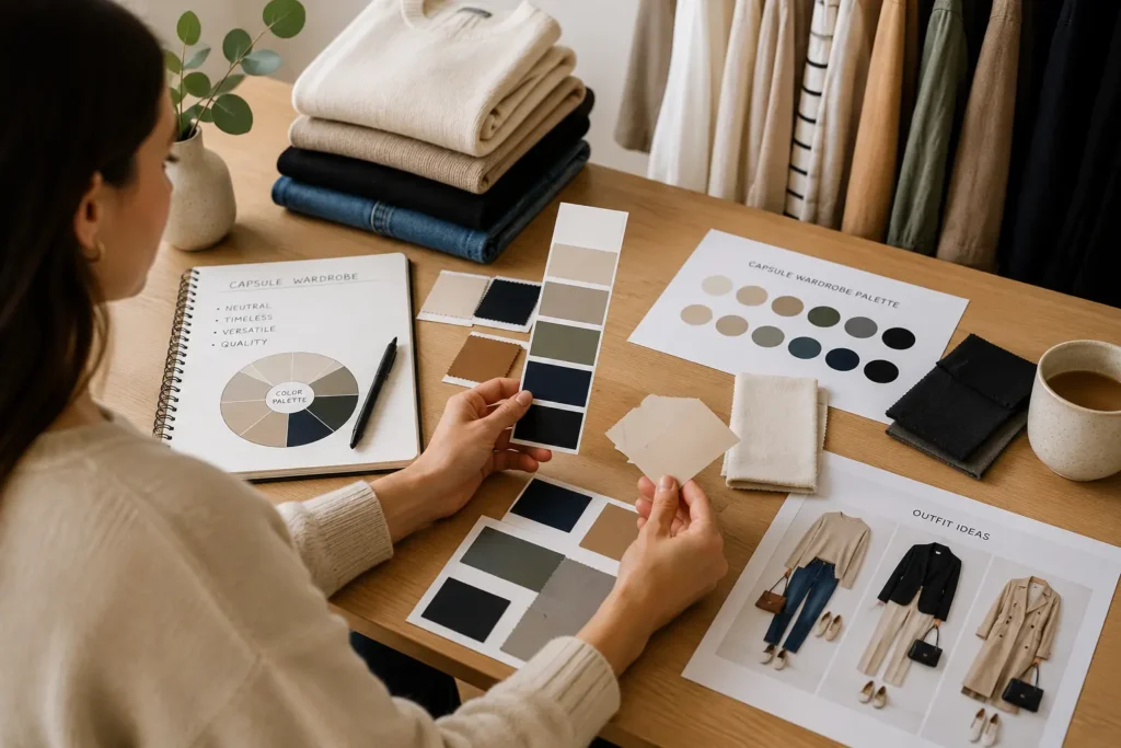Person selecting a capsule wardrobe color palette using neutral color swatches and clothing samples