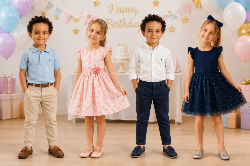 Two boys and two girls wearing stylish birthday party outfits, including polo shirts, chinos, dresses, loafers, and ballet flats.