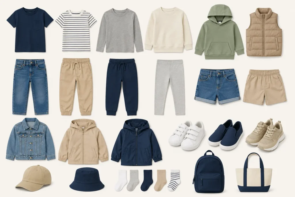 Flat lay of kids capsule wardrobe essentials including tops, bottoms, jackets, shoes, socks, backpack, and accessories arranged neatly on a neutral background.