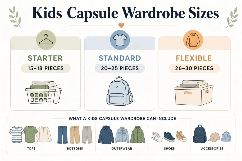 Kids capsule wardrobe size guide comparing 15–18, 20–25, and 26–30 piece capsule wardrobe options for children.