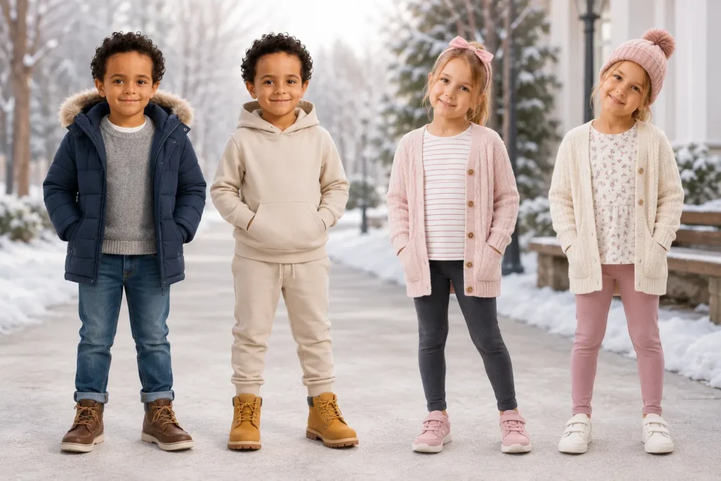 Four children wearing cold weather outfits with winter coats, sweaters, hoodies, cardigans, jeans, leggings, boots, and sneakers.