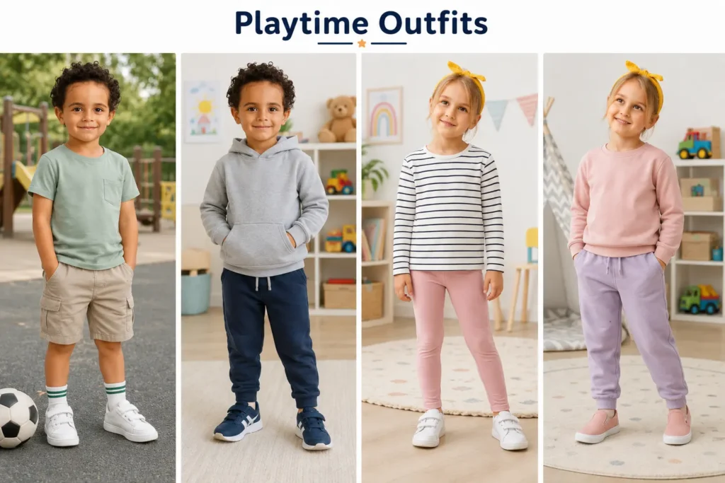 Four children wearing comfortable playtime outfits with T-shirts, hoodies, joggers, leggings, shorts, and sneakers for everyday outdoor activities.