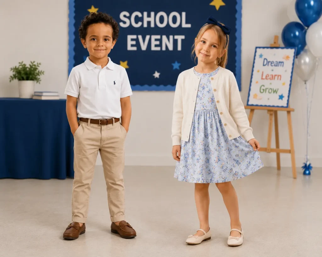 Children dressed in smart school event outfits featuring a polo shirt with chinos and a floral dress with a cardigan and flats.