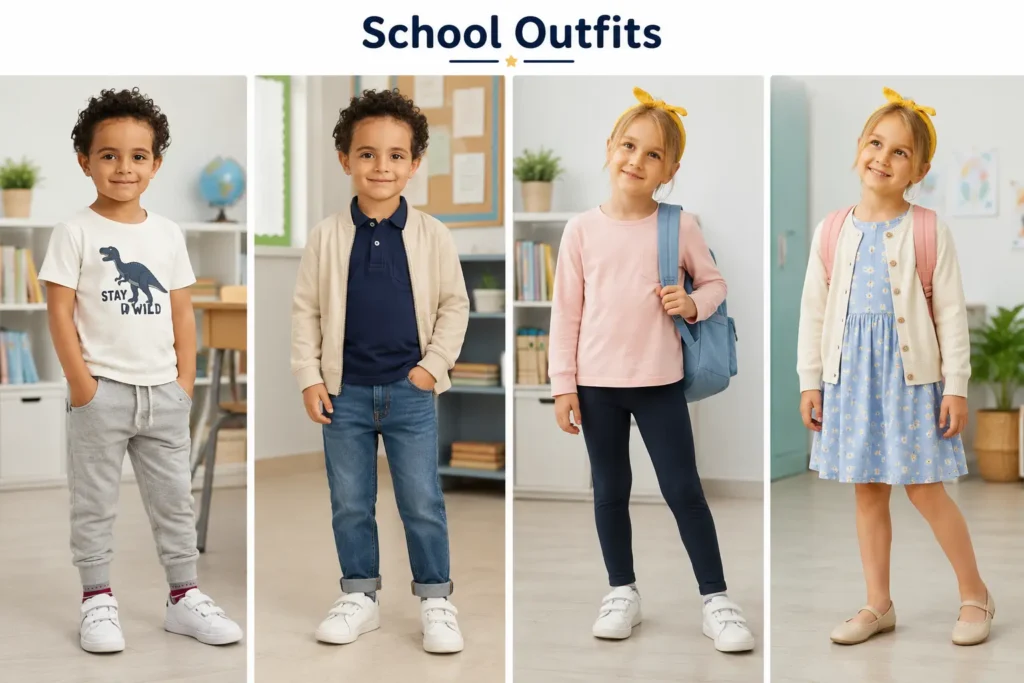Four children wearing kids school outfit ideas, including graphic T-shirts, polo shirts, dresses, cardigans, jeans, leggings, and sneakers.