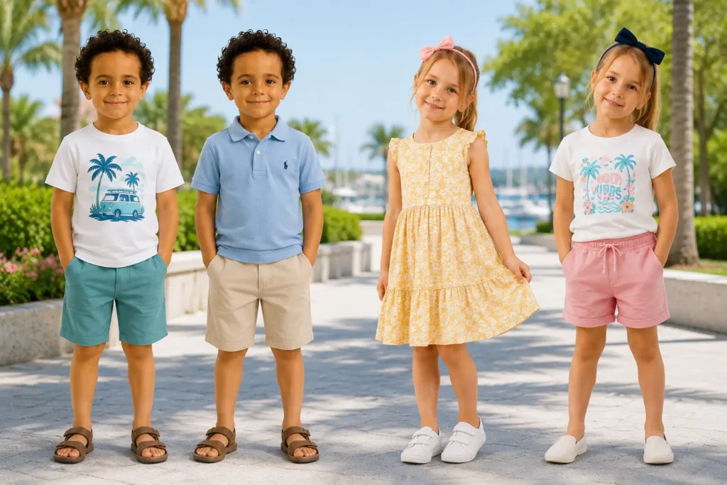 Four children wearing lightweight summer outfits with cotton T-shirts, polo shirts, shorts, sleeveless dresses, sandals, sneakers, and slip-on shoes.