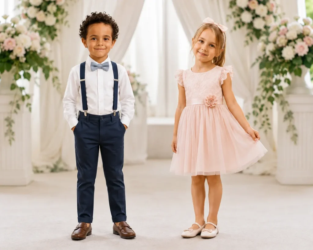 Boy and girl wearing elegant wedding guest outfits with a dress shirt, trousers, formal shoes, and a party dress with ballet flats.