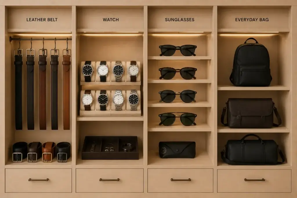 Men's capsule wardrobe accessories including leather belts, wristwatches, sunglasses, and everyday bags neatly organized inside a light wood wardrobe