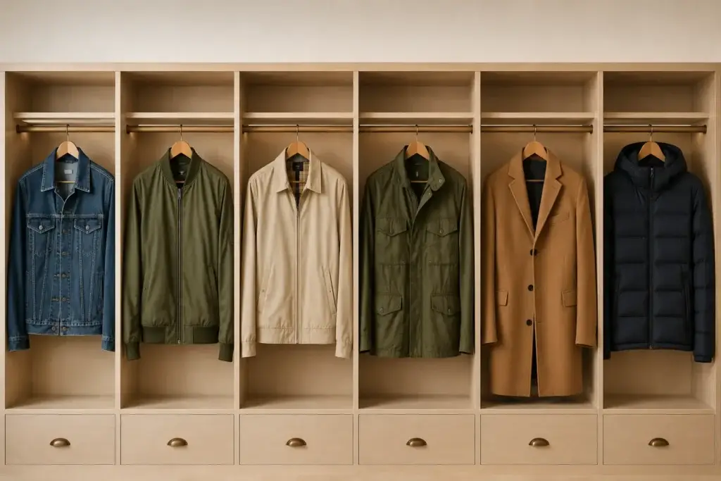 Light wood capsule wardrobe displaying essential men's jackets and outerwear including a denim jacket, bomber jacket, Harrington jacket, field jacket, wool overcoat, and puffer jacket neatly hanging on wooden hangers