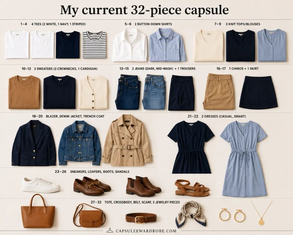 Visual guide showing a complete 32-piece capsule wardrobe with clothing, shoes, and accessories organized by category.