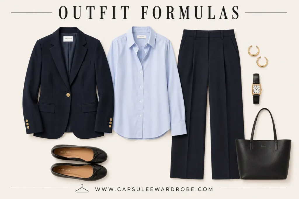 Business casual outfit formula featuring a navy blazer, blue button-down shirt, tailored trousers, and black ballet flats.